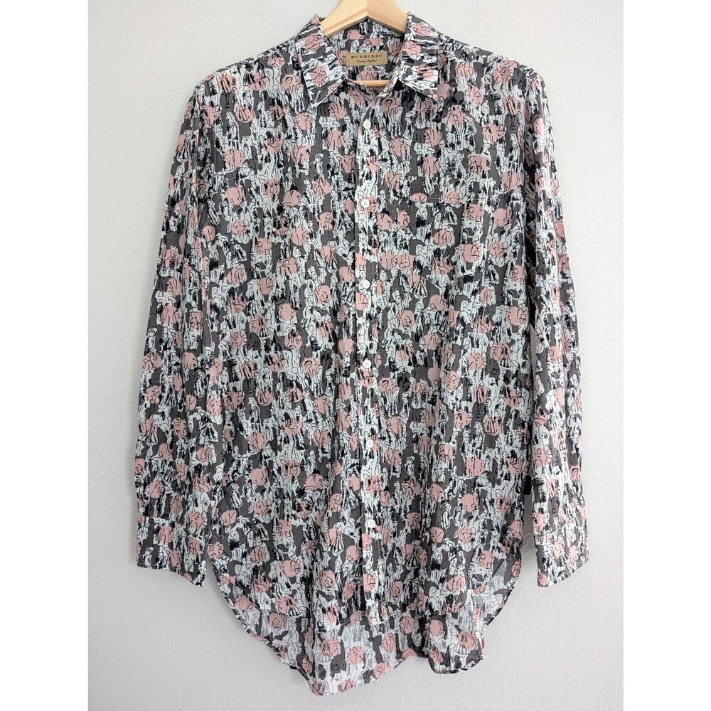 Burberry Men's Linen Graphic Sketch Print Button-down Size Large Gray Pink - Picture 2 of 10